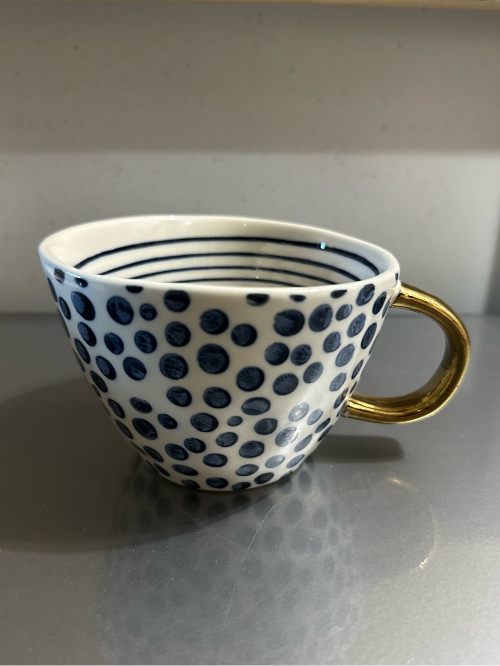 OLD POTTERY COMPANY Polka Dot Stripes Gold Handle Vintage Coffee/Tea Cup/Mug